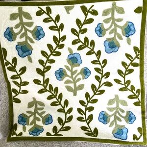 Alysheer flower embroidered Farmhouse square pillow cover cottoncanvas blu green